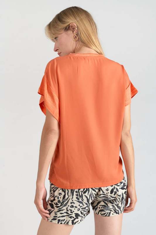 LE TEMPS DES CERISES Tee-shirt En Lin Uni Avec Micro Strass Ton Sur Ton Orange Photo principale