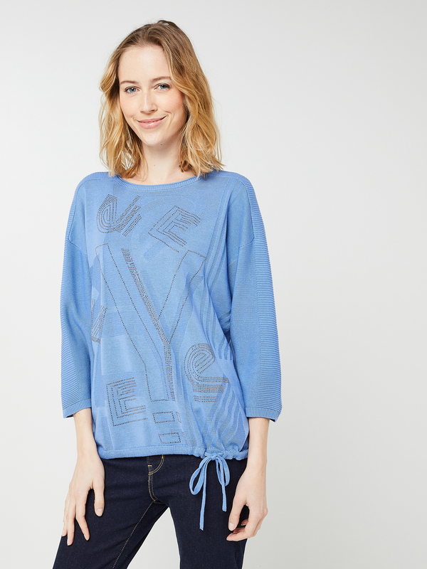 BETTY BARCLAY Pull Jacquard Col Rond, Lettres En Strass, Manches 3/4 Bleu