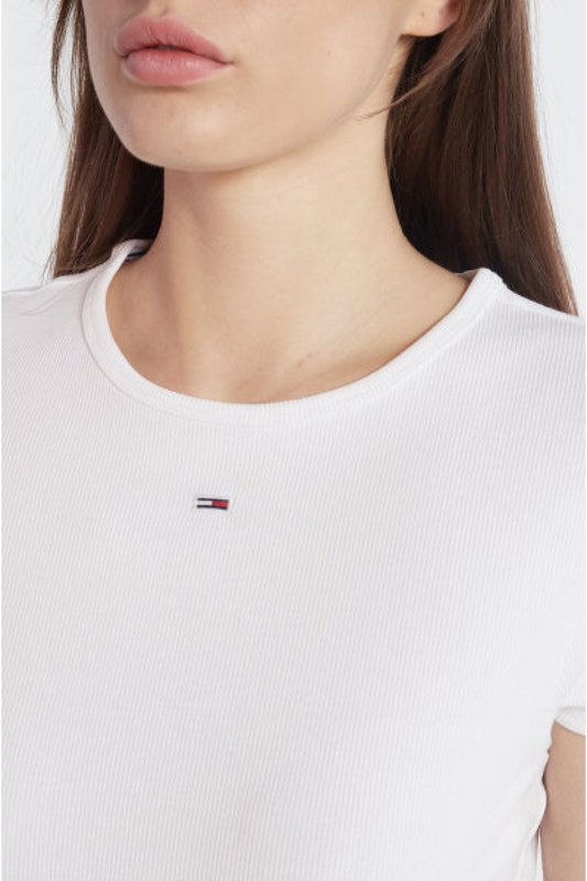 TOMMY JEANS Tee-shirt Cintr, Col Rond  Fines Mailles  Ctes Plates Extensible Blanc Photo principale