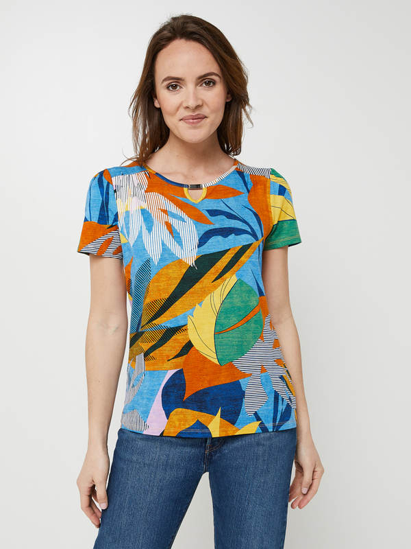 CHRISTINE LAURE Tee-shirt Imprimé Végétal Bijou Encolure Multicolore