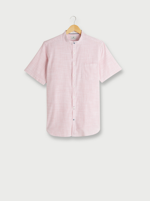 BASEFIELD Chemise Manches Courtes À Rayures, Col Officier, Modern Fit Corail