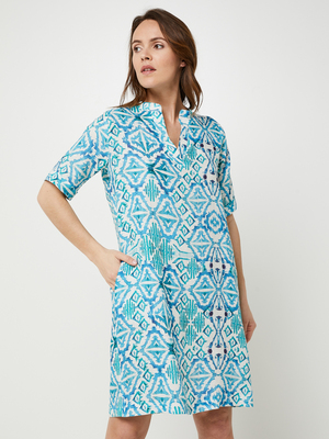 LA FEE MARABOUTEE Robe Tunique 100% Lin Imprimée Ikat Bleu