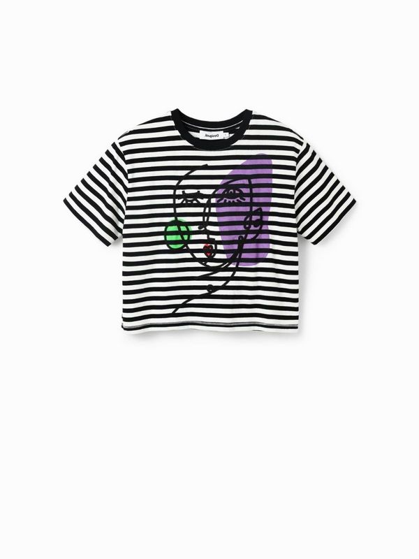 DESIGUAL Tee-shirt Raccourci  Rayure En 100% Coton , Visage Arty Brod Noir Photo principale