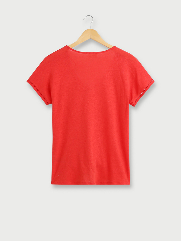 JULIE GUERLANDE Tee-shirt En Lin Mlang, Encolure V Finition Jour chelle Rouge Photo principale