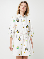 DESIGUAL Robe Chemise Courte  Cintrer, Imprim Fleurs Et Soleil Effet Peint  La Main Blanc