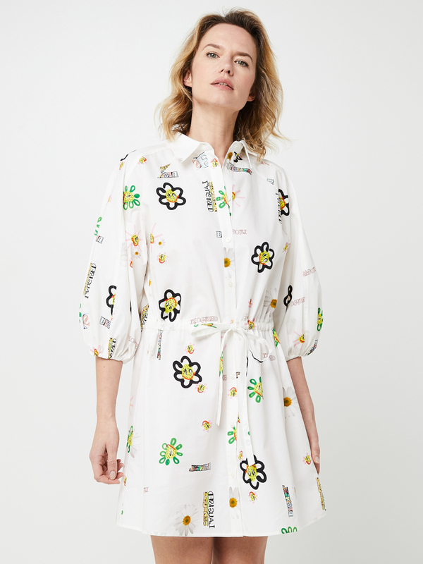 DESIGUAL Robe Chemise Courte À Cintrer, Imprimé Fleurs Et Soleil Effet Peint À La Main Blanc