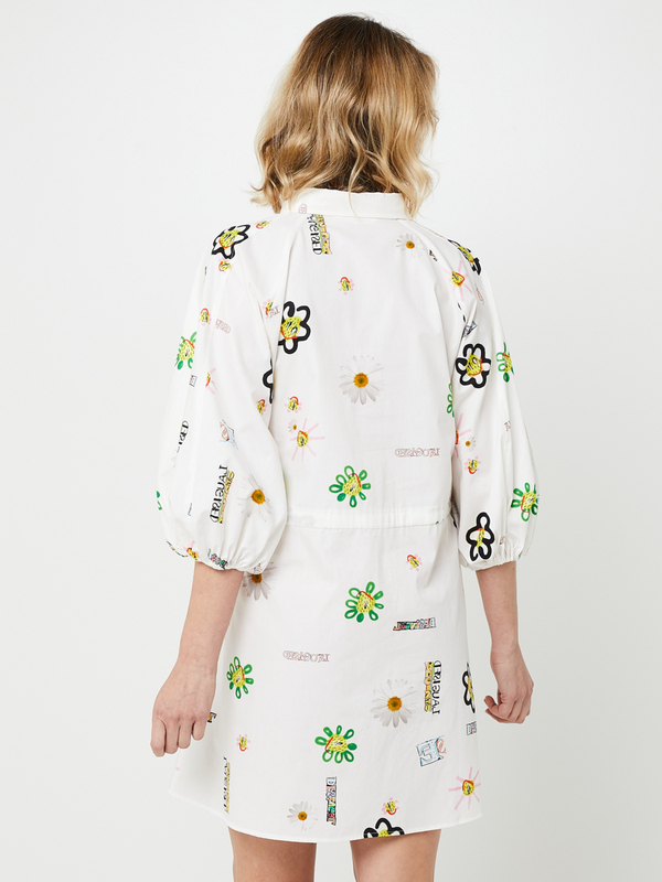 DESIGUAL Robe Chemise Courte  Cintrer, Imprim Fleurs Et Soleil Effet Peint  La Main Blanc Photo principale