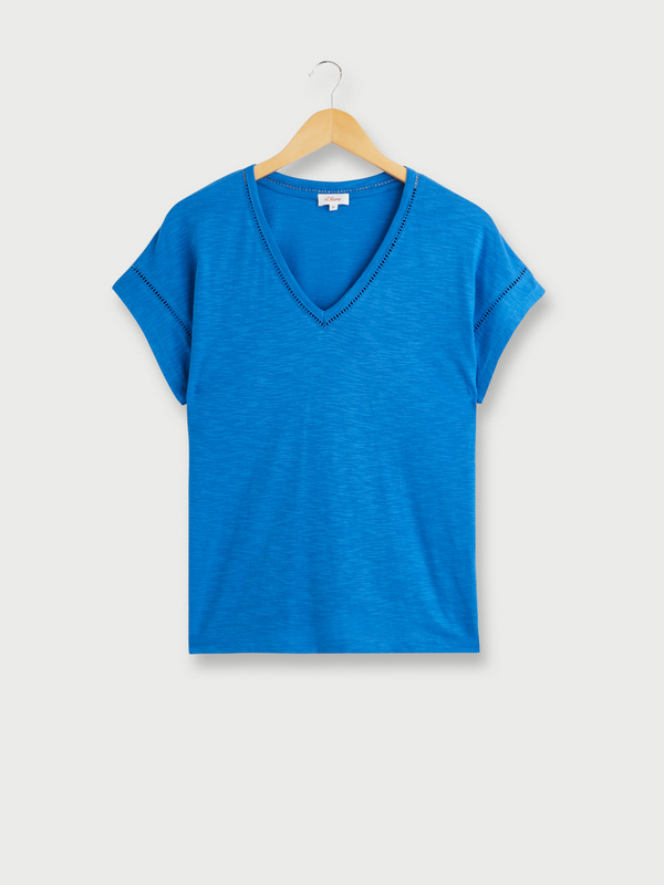 S OLIVER Tee-shirt En Jersey Flammé , Encolure V, Détails En Jour Échelle Bleu