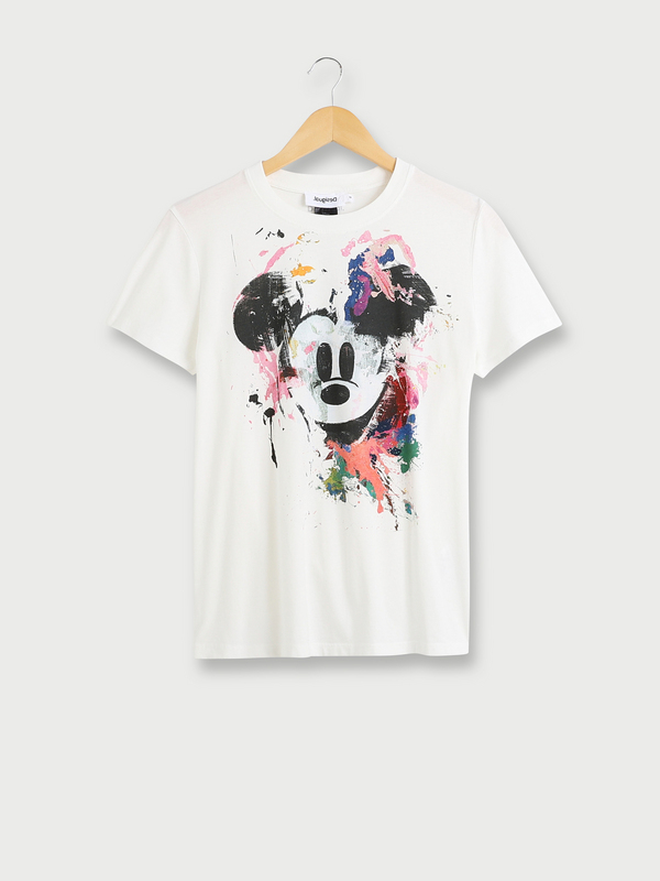 DESIGUAL Tee-shirt En 100% Coton Mickey Mouse Effet Peinture Avec Éclaboussures Blanc