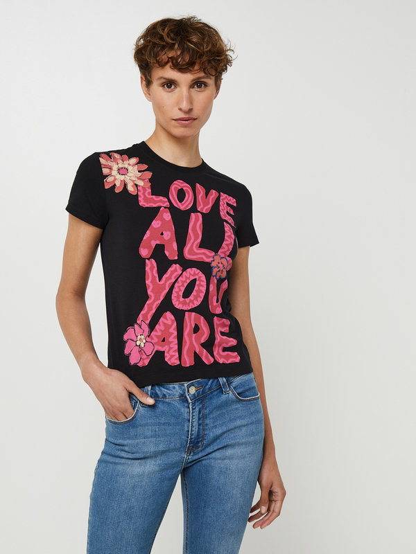DESIGUAL Tee-shirt Message Et Fleurs Style Rétro En Jersey 100% Coton Stretch Noir