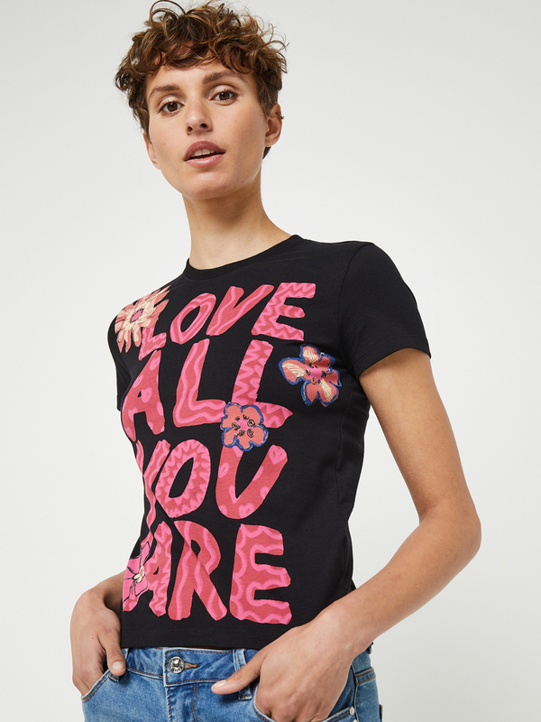 DESIGUAL Tee-shirt Message Et Fleurs Style Rtro En Jersey 100% Coton Stretch Noir Photo principale