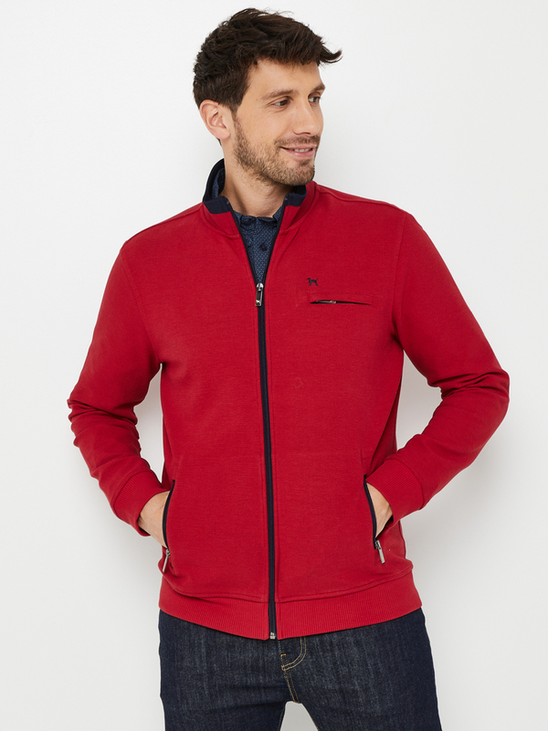 CHARLES DE SEYNE Sweat-shirt Zippé En Maille Texturée, Col Montant Bicolore Rouge