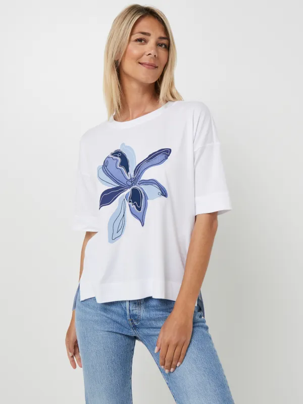 ESPRIT Tee-shirt Ample En Coton Mélangé, Fleur Imprimée Et Brodée Sur Le Devant Blanc