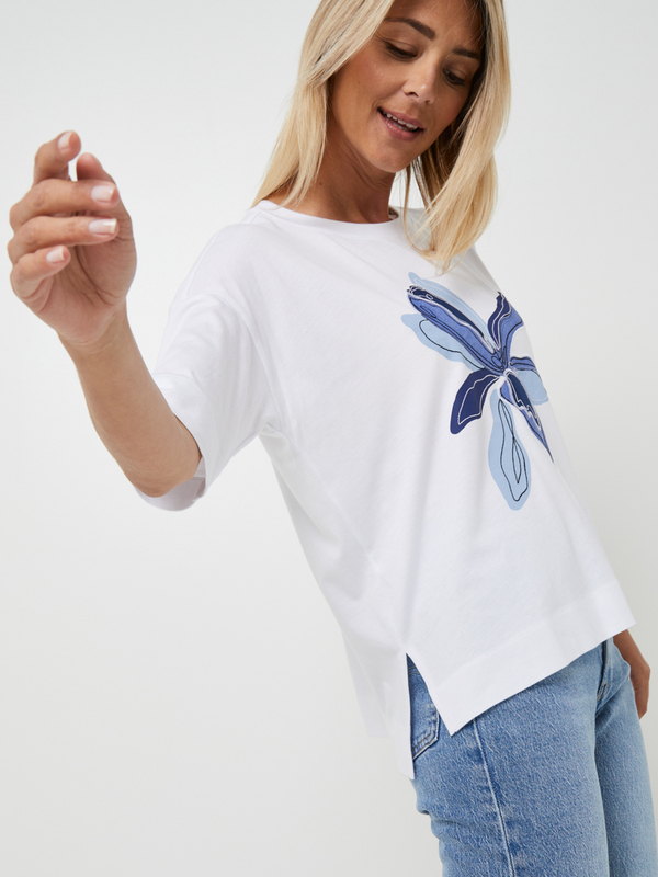 ESPRIT Tee-shirt Ample En Coton Mlang, Fleur Imprime Et Brode Sur Le Devant Blanc Photo principale