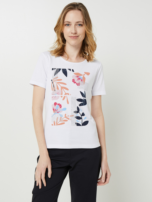 CHRISTINE LAURE Tee-shirt Col Rond, Print Placé Fleuri Avec Détails En Foil Pailleté Blanc