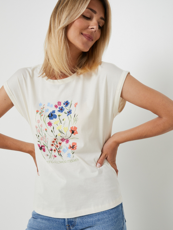 ESPRIT Tee-shirt Manches Courtes En Jersey 100% Coton, Print Plac Blanc cass Photo principale