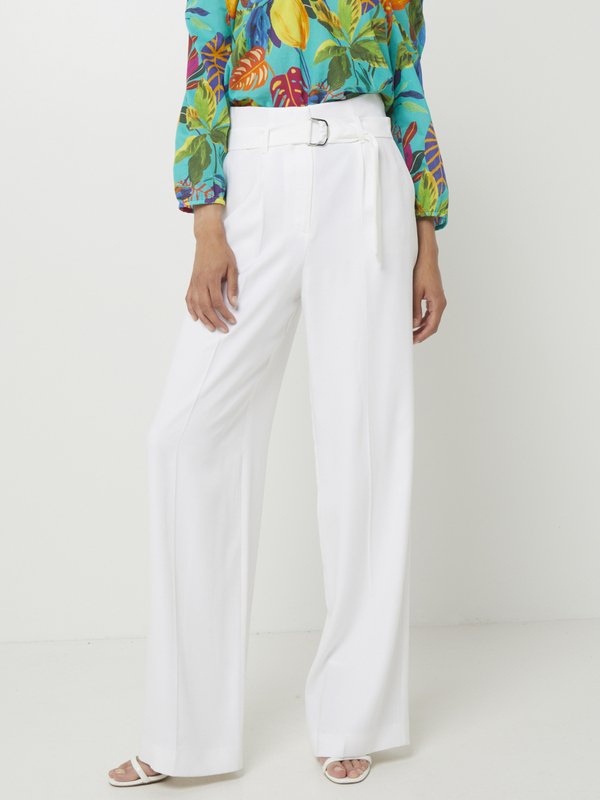 COMMA Pantalon Large Uni, Taille Haute Ceinturée Blanc