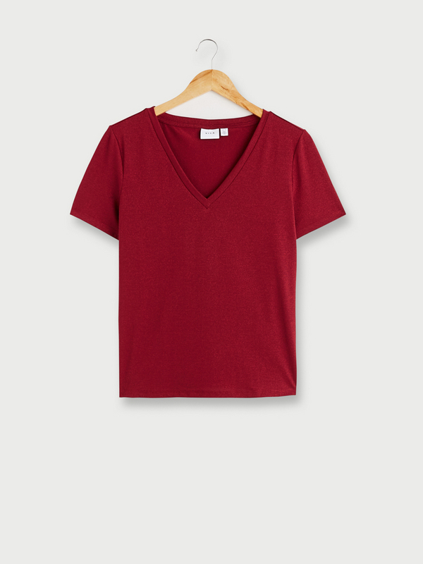 VILA Tee-shirt Col V En Fils Métallisés Rouge bordeaux 1035348