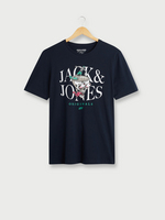 JACK AND JONES Tee-shirt Manches Courtes, Motif Tte De Mort + Signature Bleu marine