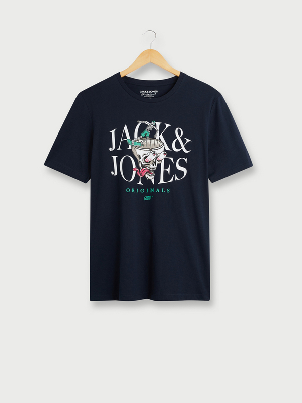 JACK AND JONES Tee-shirt Manches Courtes, Motif Tte De Mort + Signature Bleu marine 1035943