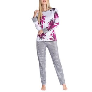 IMPETUS Pyjama Long  Motif De Nid D'abeille Et Floral Misaki Fuchsia et blanc