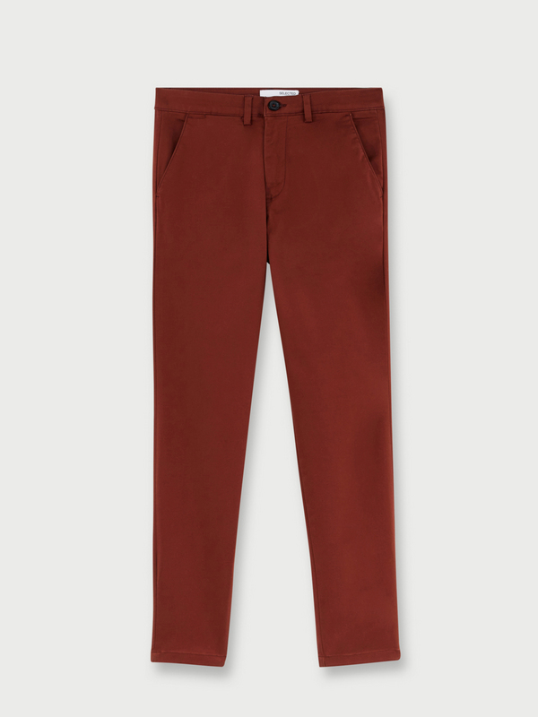 SELECTED Pantalon Chino Coupe Slim Uni En Coton Biologique Marron 1039238