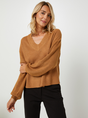 ESPRIT Pull Cropped En Maille Perle Unie Coupe Loose Camel