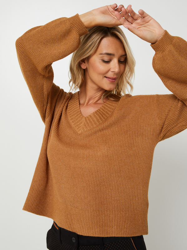 ESPRIT Pull Cropped En Maille Perle Unie Coupe Loose Camel Photo principale