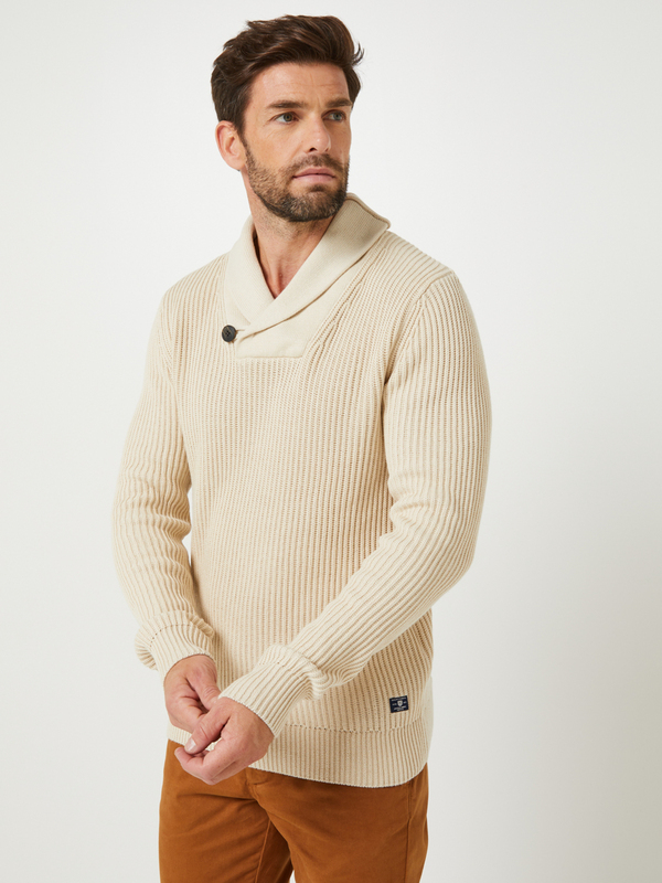 JACK AND JONES Pull Col Chle Crois Maille Perle Coton Majoritaire Beige 1040485