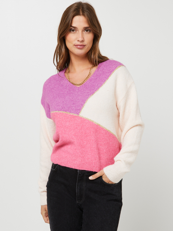 PIECES Pull Loose Et Cropped Encolure V Effet Colorblock Rose 1040629