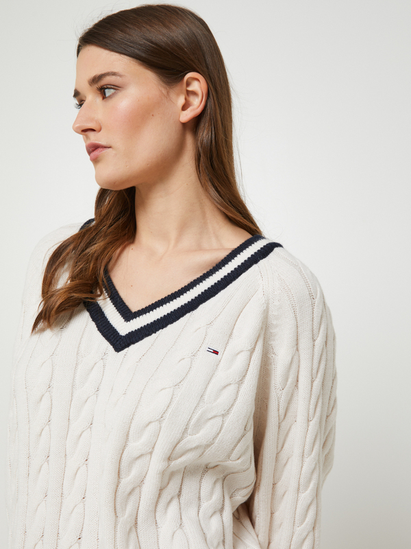 TOMMY JEANS Pull Torsad, Col V  Rayures En Fibres Recycles Blanc cass Photo principale