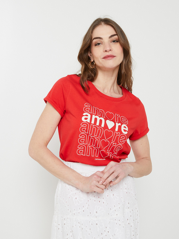 C EST BEAU LA VIE Tee-shirt Col Rond, Print Amore Flock Rouge 1056035