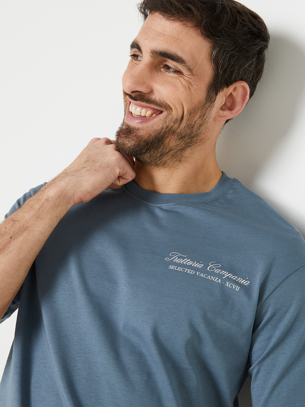 SELECTED Tee-shirt Col Rond, Print Plac Au Dos En Coton Biologique Bleu Encre Photo principale