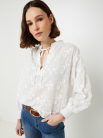 RUE MAZARINE Blouse Ample Brode  Manches Longues Bouffantes Blanc