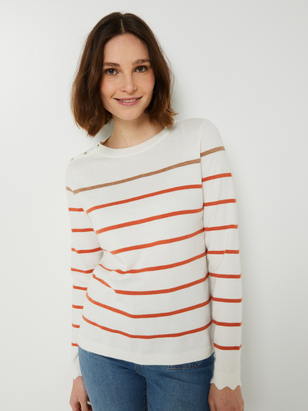 ONLY Pull Jersey Fine Jauge Motif Fines Rayures Blanc 1057437