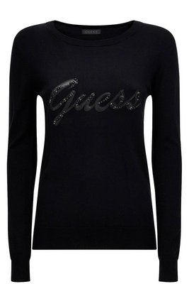 GUESS Pull Fin Logo Strass  -  Guess Jeans - Femme JBLK Jet Black A996