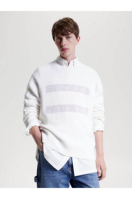 TOMMY JEANS Pull Droit En Coton Logo Brod  -  Tommy Jeans - Homme YBR White Photo principale