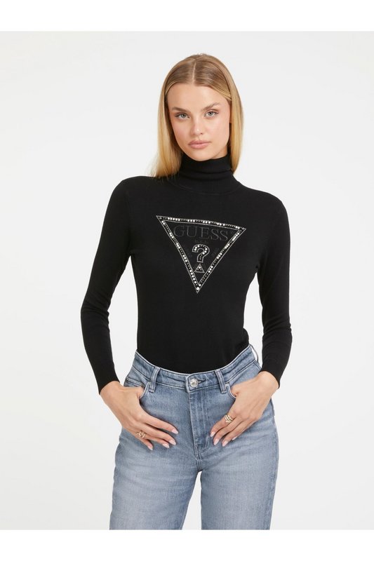 GUESS Pull Col Roul  Logo Strass  -  Guess Jeans - Femme JBLK Jet Black A996 Photo principale