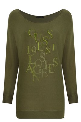 GUESS Pull Long Logo Strass  -  Guess Jeans - Femme G8F6 OLIVE MORNING