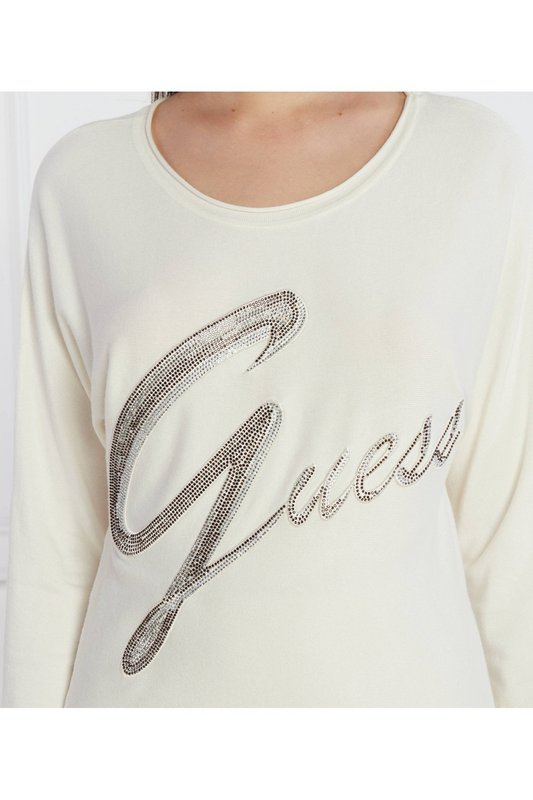 GUESS Pull Lger  Gros Logo Strass  -  Guess Jeans - Femme G012 CREAM WHITE Photo principale