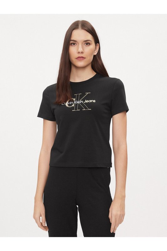 CALVIN KLEIN Tshirt Court Coton Logo Print  -  Calvin Klein - Femme BEH Ck Black 1062445