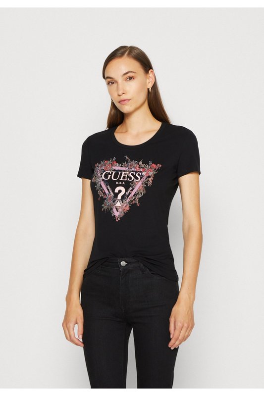 GUESS Tshirt Stretch Logo Triangle Fleur  -  Guess Jeans - Femme JBLK Jet Black A996 1062482