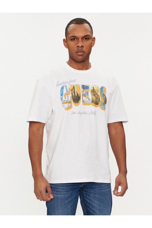 GUESS Tshirt Regular Coton Logo Print  -  Guess Jeans - Homme G011 Pure White Photo principale