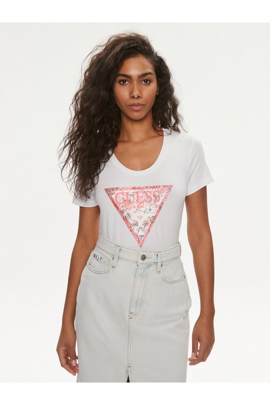 GUESS Tshirt Slim Logo Iconique Strass  -  Guess Jeans - Femme G011 Pure White 1062597