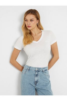GUESS Tshirt Jersey Uni Logo Brod  -  Guess Jeans - Femme G011 Pure White