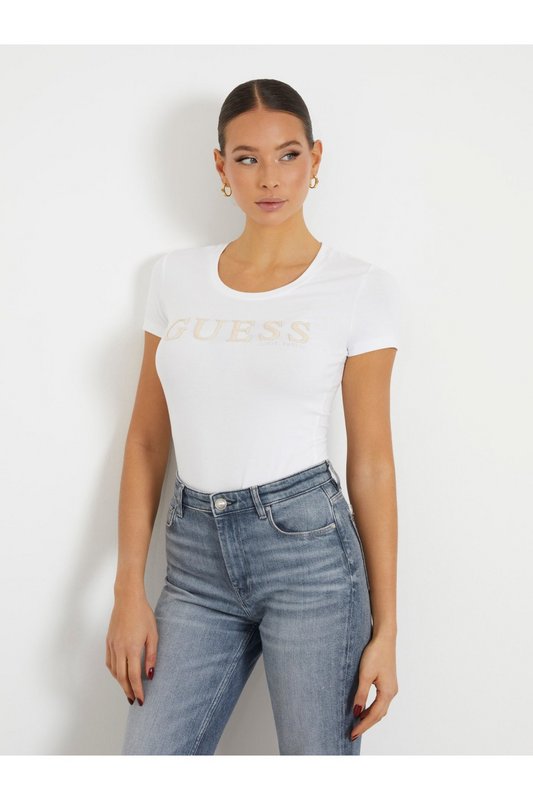 GUESS Tshirt Stretch Logo Strass  -  Guess Jeans - Femme G011 Pure White Photo principale