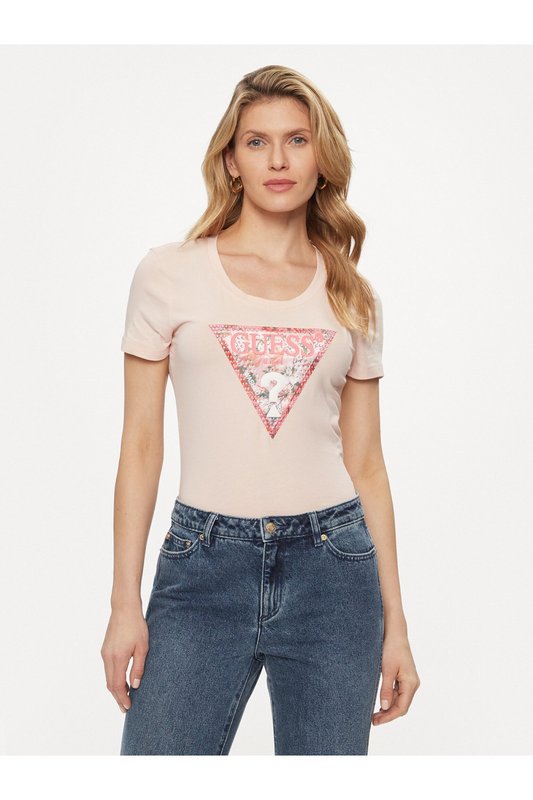 GUESS Tshirt Slim Logo Iconique Strass  -  Guess Jeans - Femme G6K8 WANNA BE PINK Photo principale