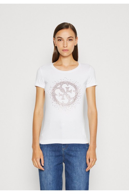 GUESS Tshirt Stretch Logo 4g Strass  -  Guess Jeans - Femme G011 Pure White Photo principale
