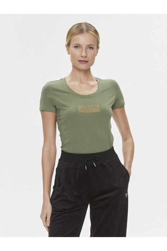 GUESS Tshirt Stretch Logo Strass  -  Guess Jeans - Femme G831 LICHEN LEAF GREEN 1062939