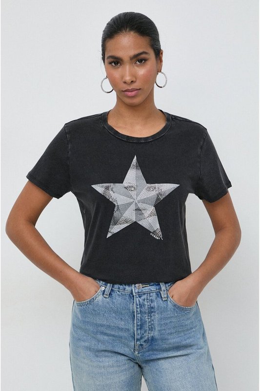 GUESS Tshirt Coton Motif toile Strass  -  Guess Jeans - Femme JTMU JET BLACK MULTI Photo principale